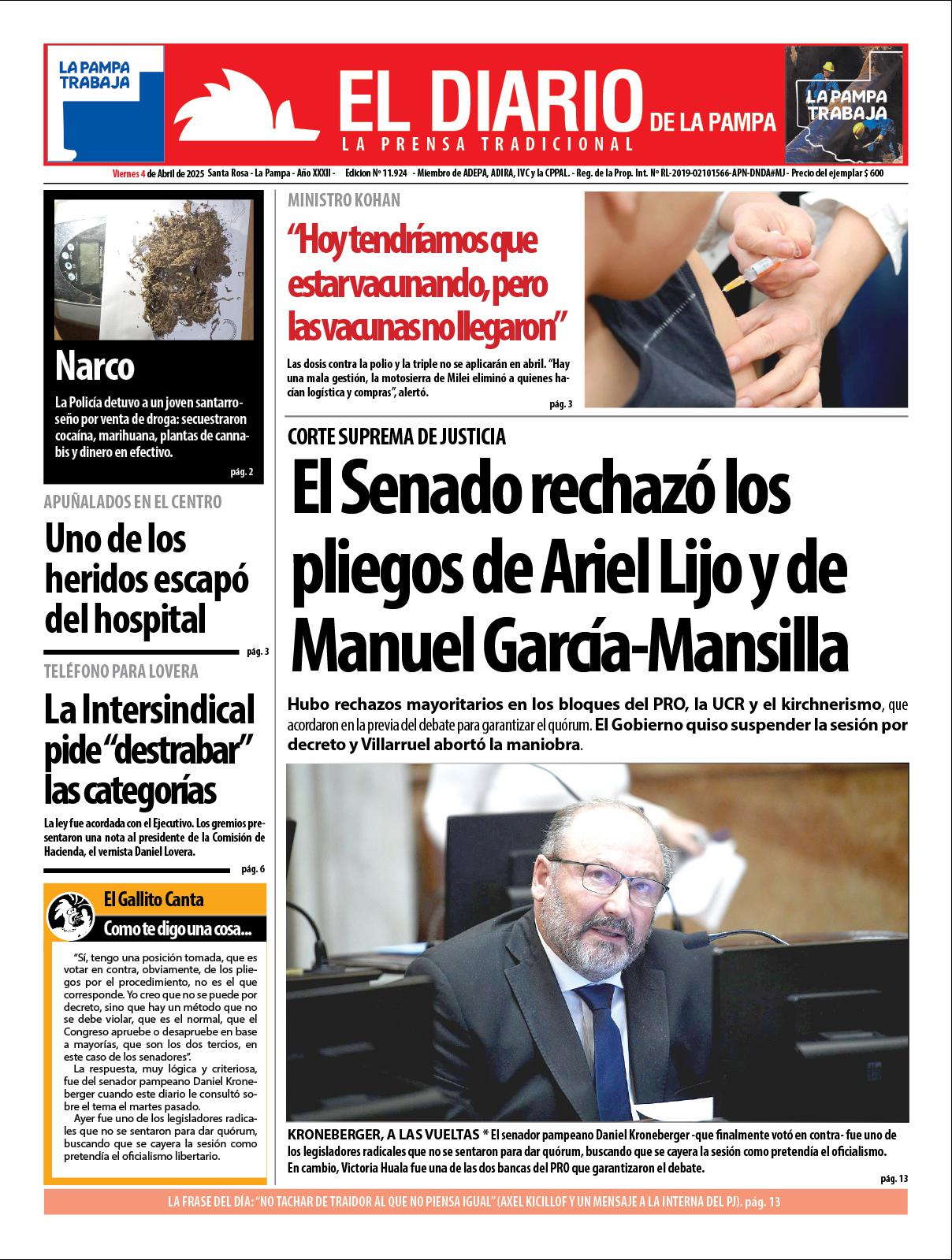 Tapa de El Diario en papel  viernes 04 de abril de 2025
